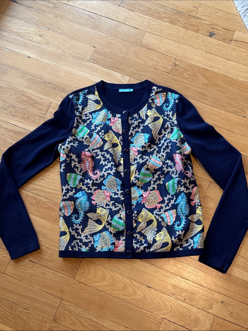 J. McLaughlin Navy Cardigan Jacket with Colorful Fish Print